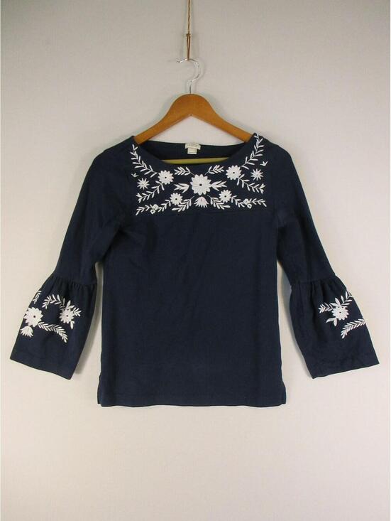 J. Crew Tops - JCrew Top Womens XS Navy Embroidered Bell Sleeve Floral Knit Scoop Neck Pullover
